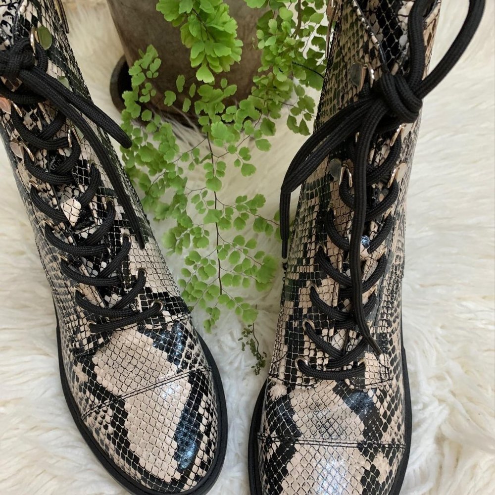 Marc Fisher Snake Print Lace-Up Ankle Boots in Black and Cream
